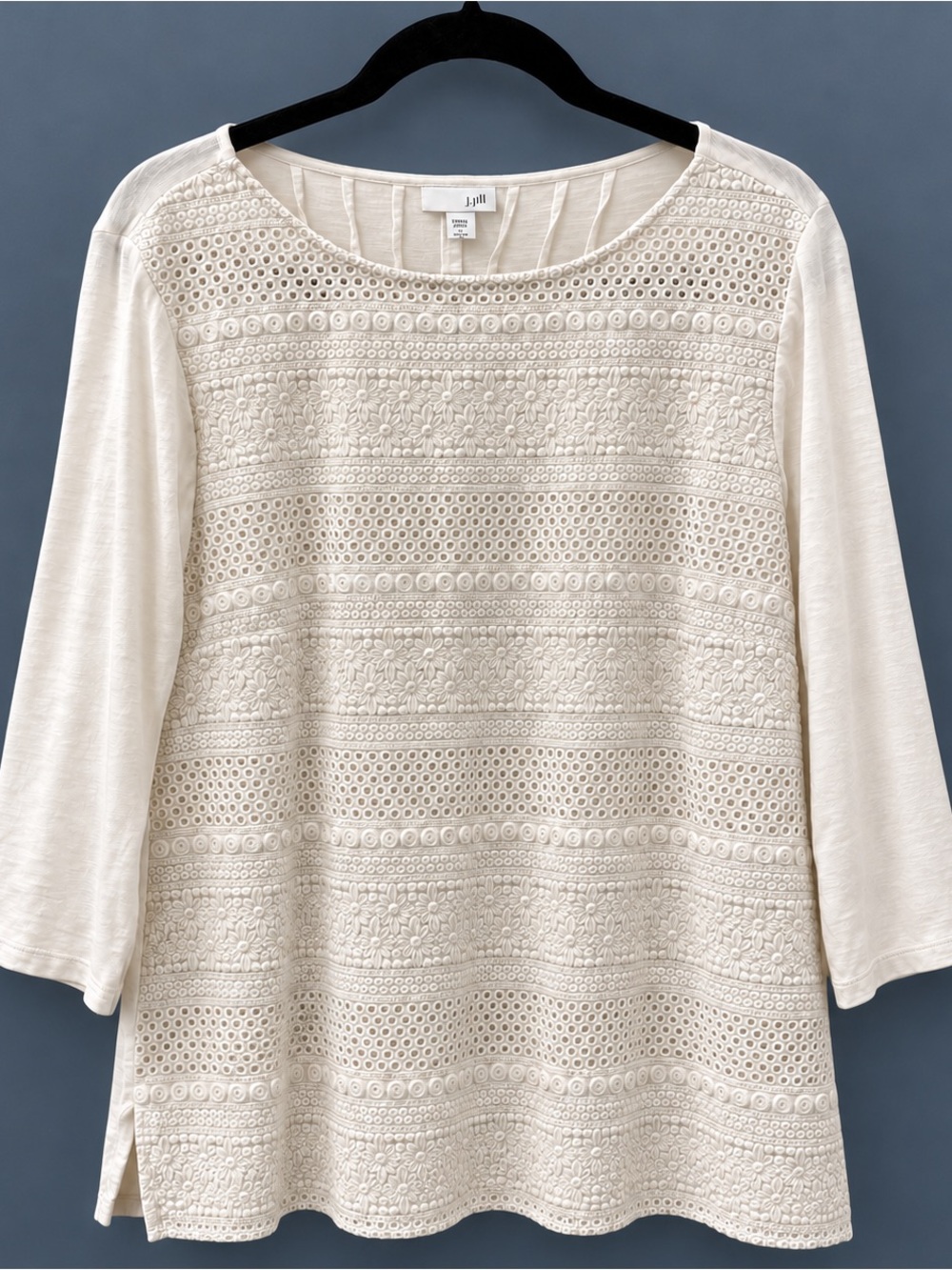 J.Jill White Eyelet Embroidered Tunic Blouse 3/4 Sleeve Large Petite LP